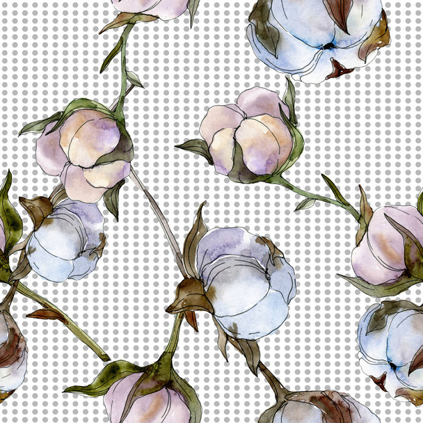 Cotton floral botanical flower. Wild spring leaf wildflower. Watercolor illustration set. Watercolour drawing fashion aquarelle isolated. Seamless background pattern. Fabric wallpaper print texture. - Photo, image
