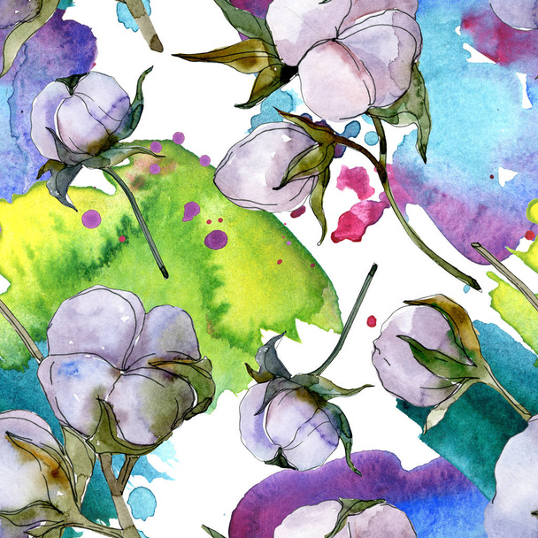 Cotton flowers. Watercolor background illustration set. Seamless background pattern.  - Фото, изображение