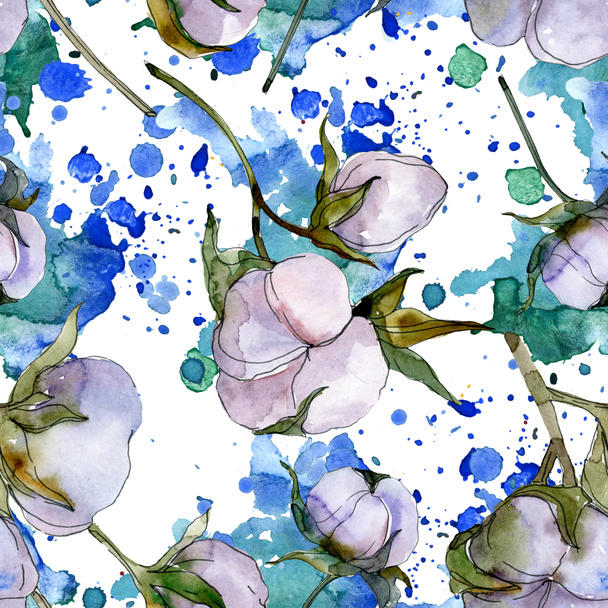 Cotton flowers. Watercolor background illustration set. Seamless background pattern.  - Zdjęcie, obraz