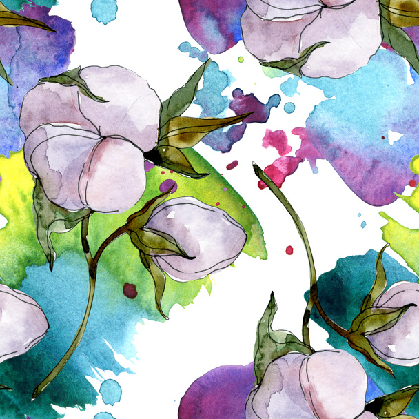 Cotton flowers. Watercolor background illustration set. Seamless background pattern.  - Fotoğraf, Görsel