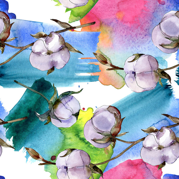 Cotton flowers. Watercolor background illustration set. Seamless background pattern.  - Fotografie, Obrázek