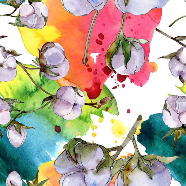 Cotton flowers. Watercolor background illustration set. Seamless background pattern.  - Foto, afbeelding