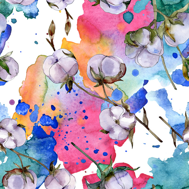 Cotton flowers. Watercolor background illustration set. Seamless background pattern.  - 写真・画像