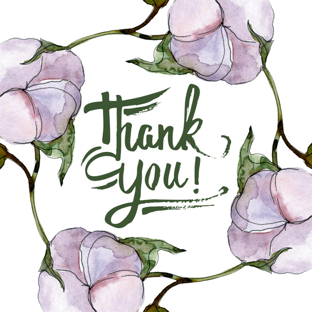 Cotton flowers watercolor background illustration set. Frame border ornament with thank you inscription. - 写真・画像