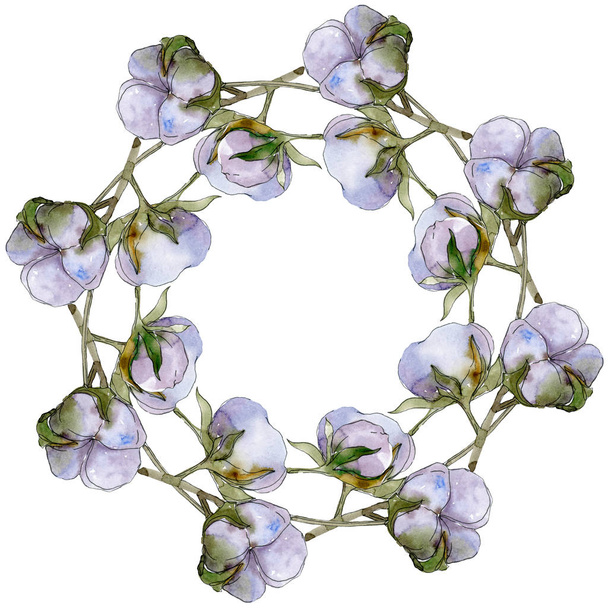 Cotton flowers watercolor illustration set. Frame border ornament with copy space.  - Φωτογραφία, εικόνα