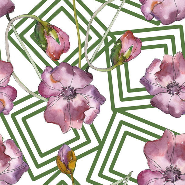 Purple red poppy floral botanical flower. Wild spring leaf isolated. Watercolor illustration set. Watercolour drawing fashion aquarelle. Seamless background pattern. Fabric wallpaper print texture. - Valokuva, kuva