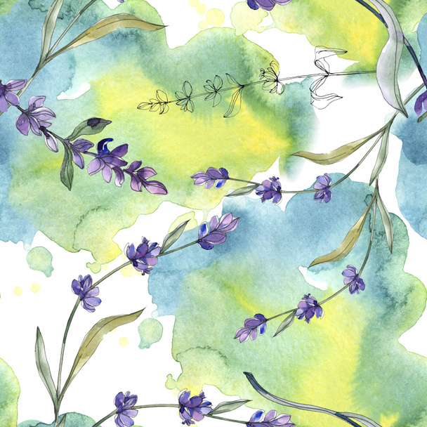 Purple lavender. Watercolor illustration set. Seamless background pattern. Fabric wallpaper print texture. - Fotoğraf, Görsel
