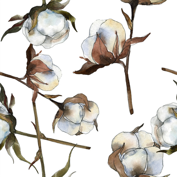 Cotton floral botanical flower. Watercolor background illustration set. Watercolour drawing fashion aquarelle isolated. Seamless background pattern. Fabric wallpaper print texture. - Photo, Image