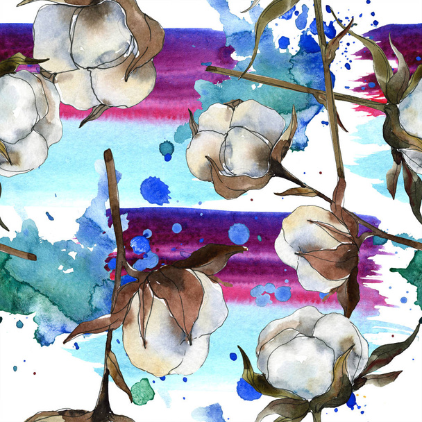 Cotton floral botanical flower. Watercolor background illustration set. Watercolour drawing fashion aquarelle isolated. Seamless background pattern. Fabric wallpaper print texture. - Fotó, kép