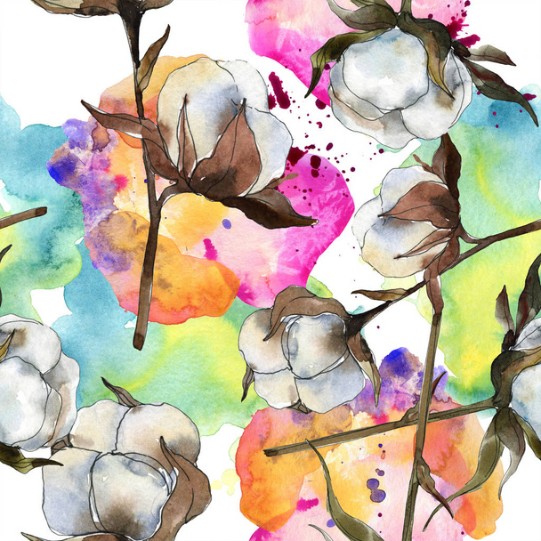 Cotton floral botanical flower. Watercolor background illustration set. Watercolour drawing fashion aquarelle isolated. Seamless background pattern. Fabric wallpaper print texture. - Φωτογραφία, εικόνα