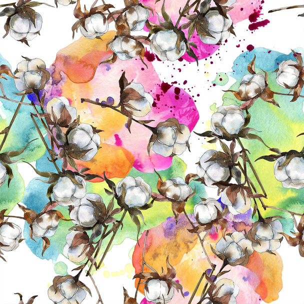 Cotton floral botanical flower. Watercolor background illustration set. Watercolour drawing fashion aquarelle isolated. Seamless background pattern. Fabric wallpaper print texture. - Fotó, kép