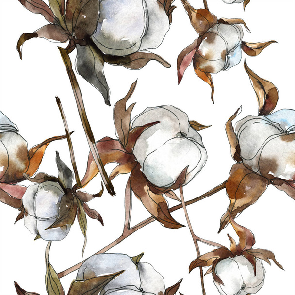Cotton floral botanical flower. Watercolor background illustration set. Watercolour drawing fashion aquarelle isolated. Seamless background pattern. Fabric wallpaper print texture. - Foto, Imagem