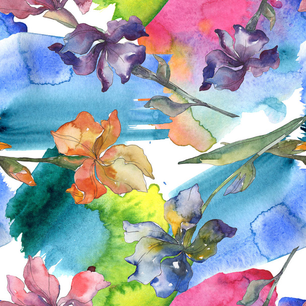 Purple, red, orange and blue irises floral botanical flower. Watercolor background set. Watercolour drawing fashion aquarelle. Seamless background pattern. Fabric wallpaper print texture. - Valokuva, kuva