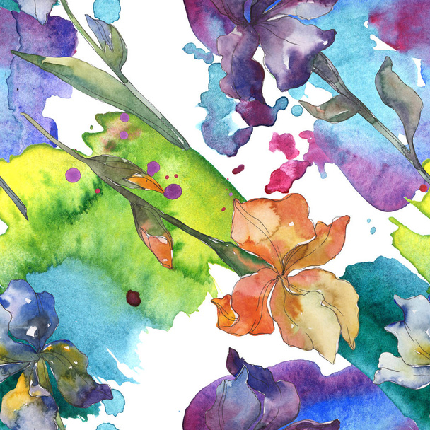 Fiore botanico floreale di iris viola, rosso, arancio e blu. Set sfondo acquerello. Acquerello disegno moda acquerello. Modello di sfondo senza soluzione di continuità. Tessuto carta da parati stampa texture
. - Foto, immagini