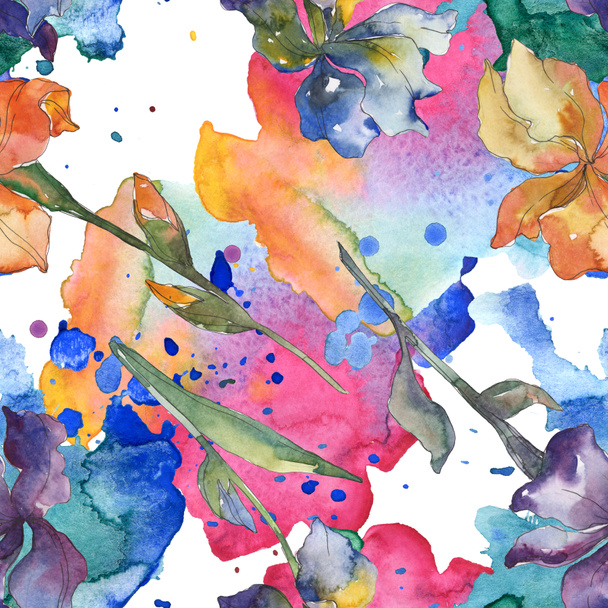 Purple, red, orange and blue irises floral botanical flower. Watercolor background set. Watercolour drawing fashion aquarelle. Seamless background pattern. Fabric wallpaper print texture. - 写真・画像