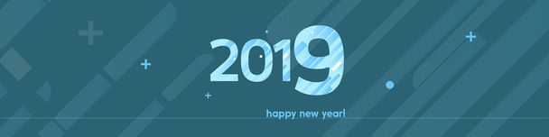 frohes neues Jahr 2019 Vektorillustration - fetter Text mit breitem kreativen Design auf dunkelblauem Hintergrund - helle blaue und weiße Linien, Kreise, plus Zeichen - Vektor, Bild
