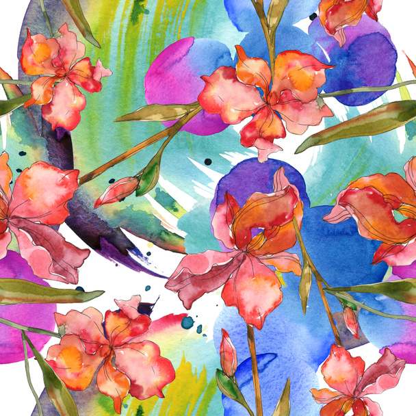 Red and purple irises. Watercolor illustration set. Seamless background pattern. Fabric wallpaper print texture. - Fotó, kép
