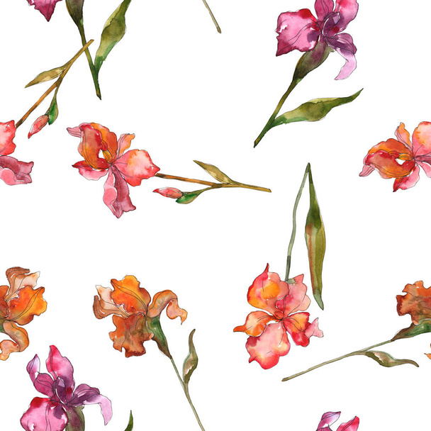 Red and purple irises. Watercolor illustration set. Seamless background pattern. Fabric wallpaper print texture. - Foto, immagini