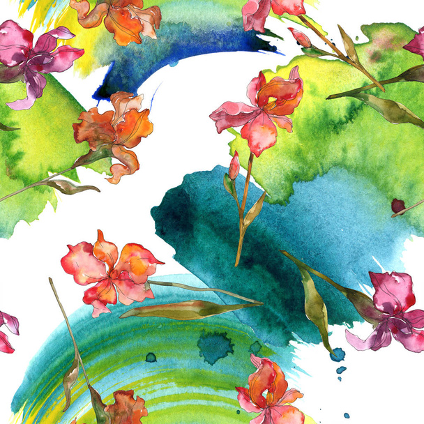 Red and purple irises. Watercolor illustration set. Seamless background pattern. Fabric wallpaper print texture. - Фото, зображення
