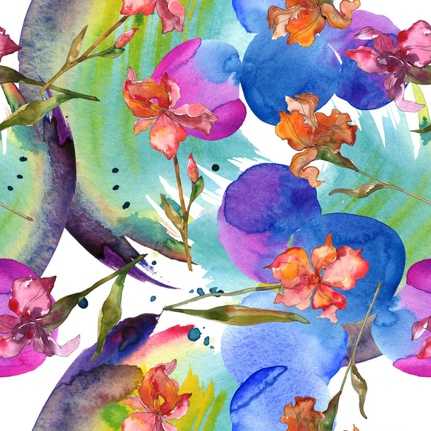 Red and purple irises. Watercolor illustration set. Seamless background pattern. Fabric wallpaper print texture. - Foto, Imagen