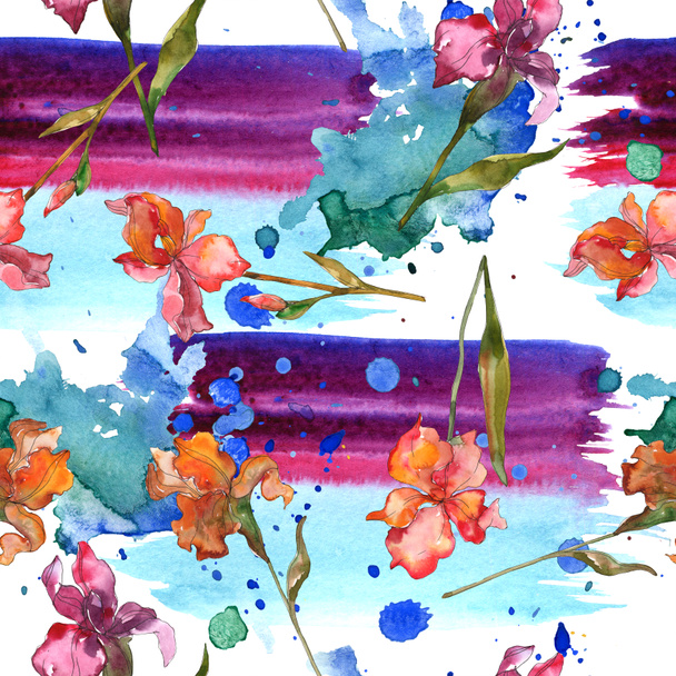 Iris rouge et violet. Ensemble d'illustration aquarelle. Modèle de fond sans couture. Texture d'impression papier peint tissu
. - Photo, image