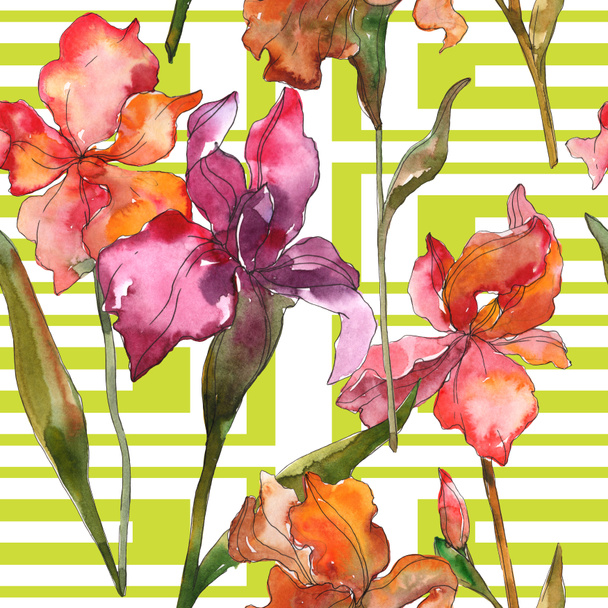 Red and purple irises. Watercolor illustration set. Seamless background pattern. Fabric wallpaper print texture. - Foto, Bild