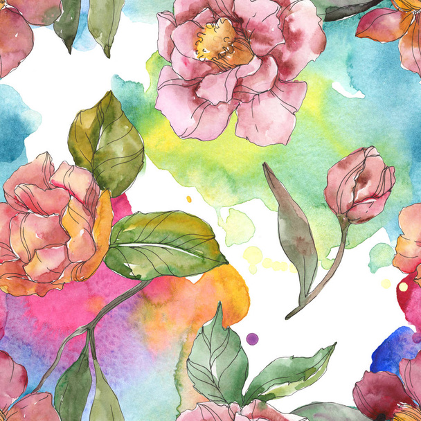 Red and purple camellia flowers. Watercolor illustration set. Seamless background pattern. Fabric wallpaper print texture. - Fotografie, Obrázek