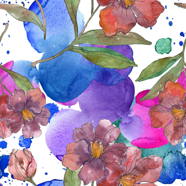 Red and purple camellia flowers. Watercolor illustration set. Seamless background pattern. Fabric wallpaper print texture. - Foto, Imagem