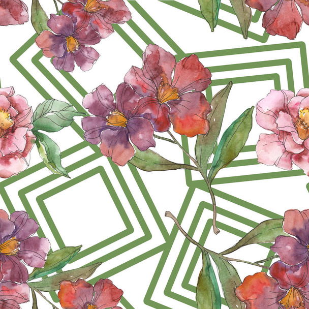 Red and purple camellia flowers. Watercolor illustration set. Seamless background pattern. Fabric wallpaper print texture. - Fotó, kép