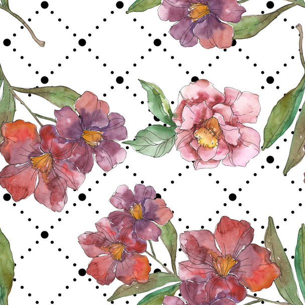 Red and purple camellia flowers. Watercolor illustration set. Seamless background pattern. Fabric wallpaper print texture. - Foto, imagen