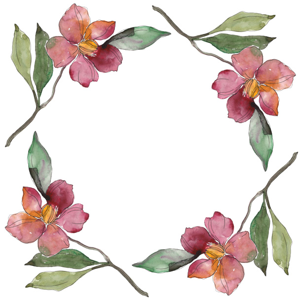 Red and purple camellia flowers. Watercolor background illustration set. Frame border ornament with copy space. - 写真・画像