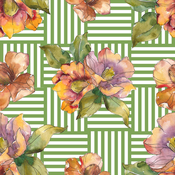 Rode en oranje camellia bloemen met bladeren en geometrische patroon. Aquarel illustratie set. Naadloze achtergrond. - Foto, afbeelding