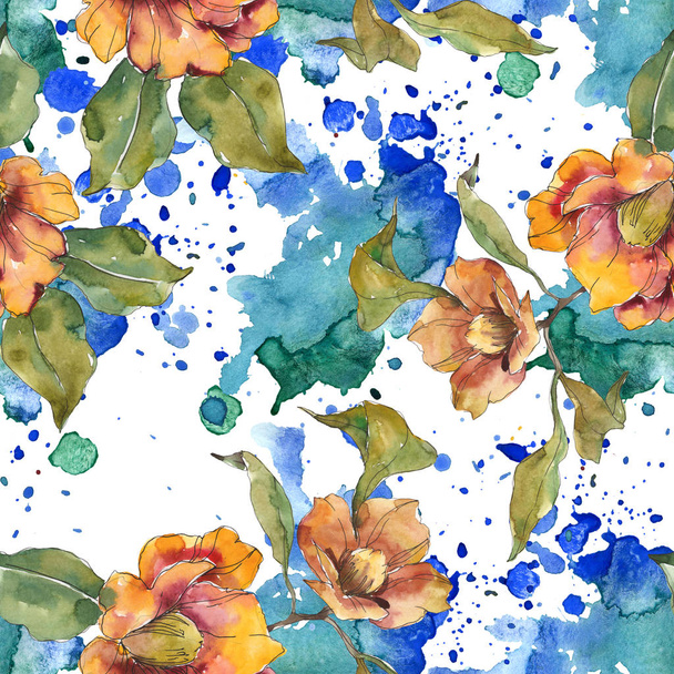 Red and orange camellia flowers with leaves and abstract pattern. Watercolor illustration set. Seamless background. - 写真・画像