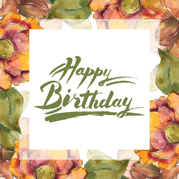 Narancssárga camellia virág, zöld levelekkel. Akvarell illusztráció virágos keret és boldog születésnapot kézírásos betűk.  - Fotó, kép