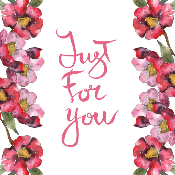 Red camellia flowers with green leaves. Watercolor illustration set with floral frame and just for you handwritten lettering.  - Fotoğraf, Görsel