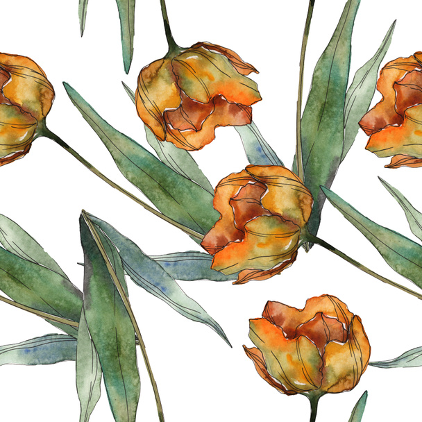 Orange isolated poppies with leaves. Watercolor illustration set. Seamless background pattern. - Fotó, kép