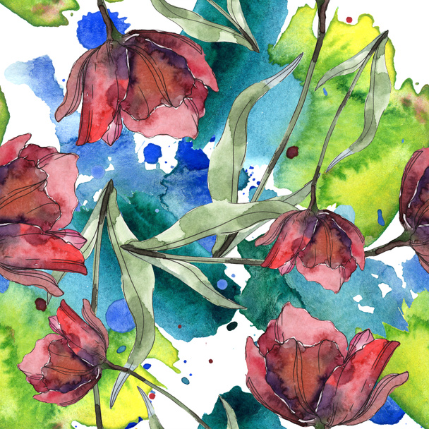 Red and burgundy poppies with leaves. Watercolor illustration set. Seamless background pattern. - Photo, Image