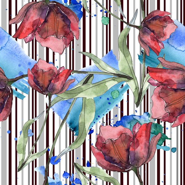 Bordó-piros Pipacsok levelek és vonalak. Akvarell illusztráció készlet. Varratmentes háttérben minta. - Fotó, kép