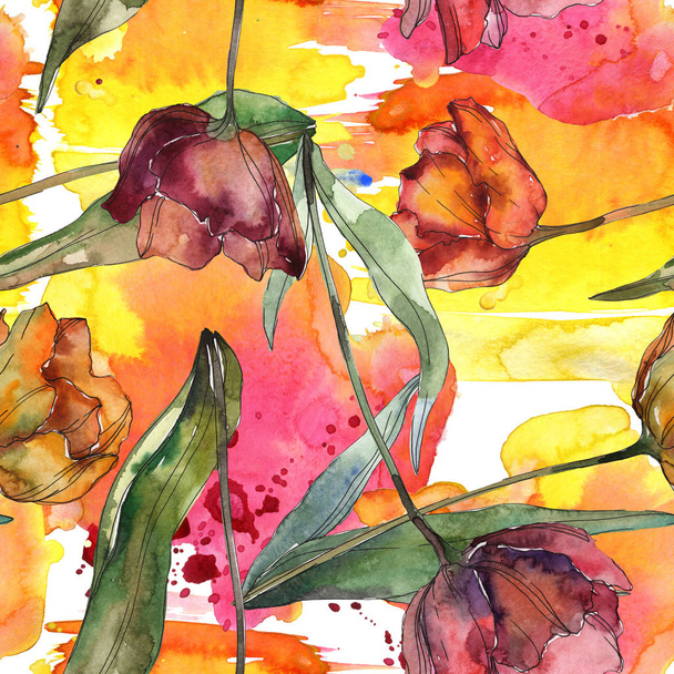 Burgundy poppies with leaves. Watercolor illustration set. Seamless background pattern. - Photo, Image