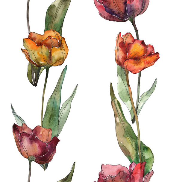 Burgundy isolated poppies with leaves. Watercolor illustration set. Seamless background pattern. - Photo, Image