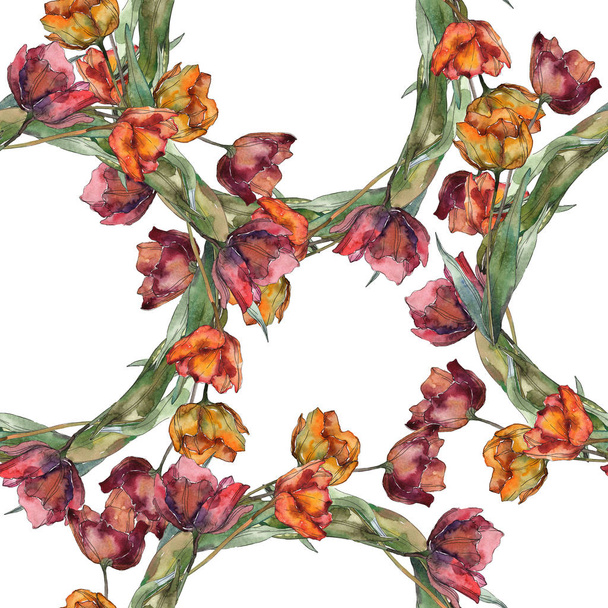 Burgundy and orange isolated poppies with leaves. Watercolor illustration set. Seamless background pattern. - 写真・画像