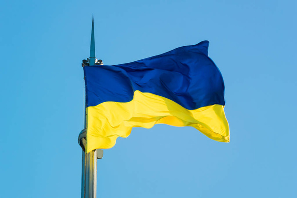  Una bella bandiera ucraina giallo-blu si sviluppa nel vento in una giornata di sole contro un cielo limpido
 - Foto, immagini