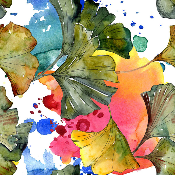 Yellow and green ginkgo biloba foliage watercolor illustration. Seamless background pattern.  - Photo, Image
