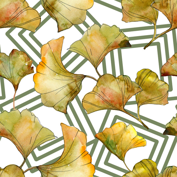 Green ginkgo biloba foliage with lines. Watercolor illustration seamless background pattern.  - Photo, Image