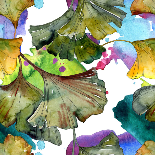 Yellow and green ginkgo biloba foliage watercolor illustration. Seamless background pattern.  - Fotó, kép
