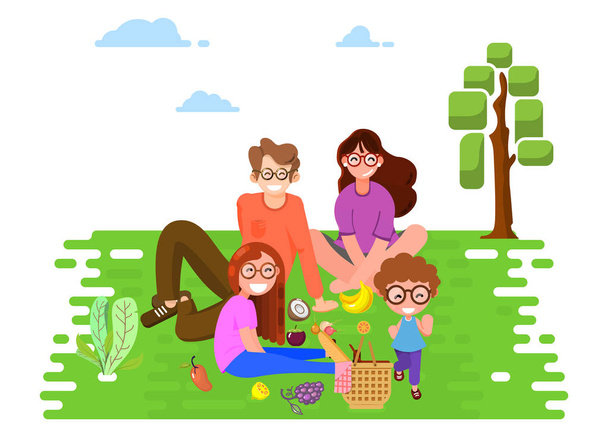 Feliz familia en el parque en un picnic. Ilustración de estilo plano vectorial
. - Vector, imagen