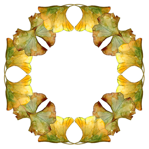 Yellow ginkgo biloba foliage watercolor background illustration set. Frame border ornament with copy space. - Foto, immagini