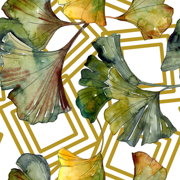 Green ginkgo biloba foliage with lines. Watercolor illustration seamless background pattern.  - 写真・画像
