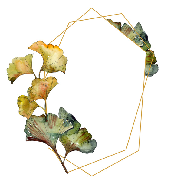 Green ginkgo biloba foliage watercolor illustration set.  Frame border ornament with copy space. - Foto, imagen