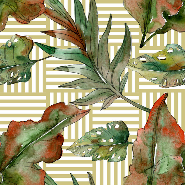 Exotic tropical green palm leaves with lines. Watercolor illustration seamless background.  - 写真・画像
